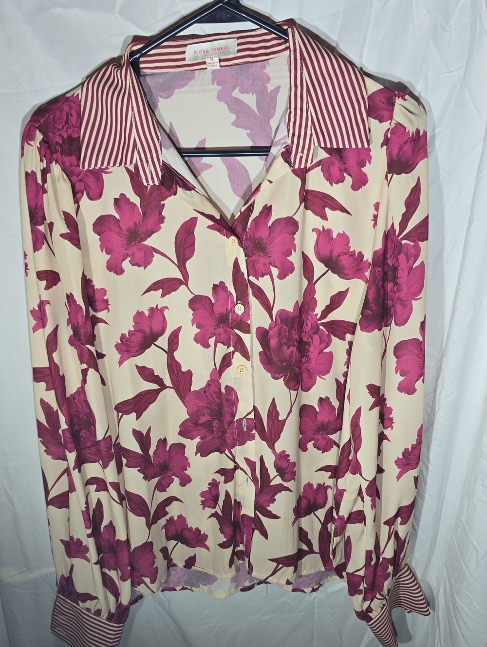 Flying Tomato Cream Blouse with Magenta Floral Print and Striped Collar